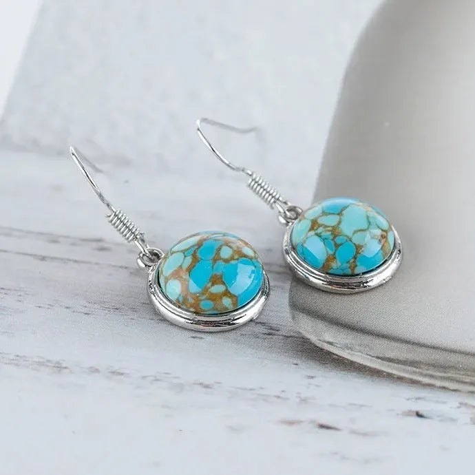 Vintage Silver Round Turquoise Stud Earrings for Women Zinc Alloy Jewelry