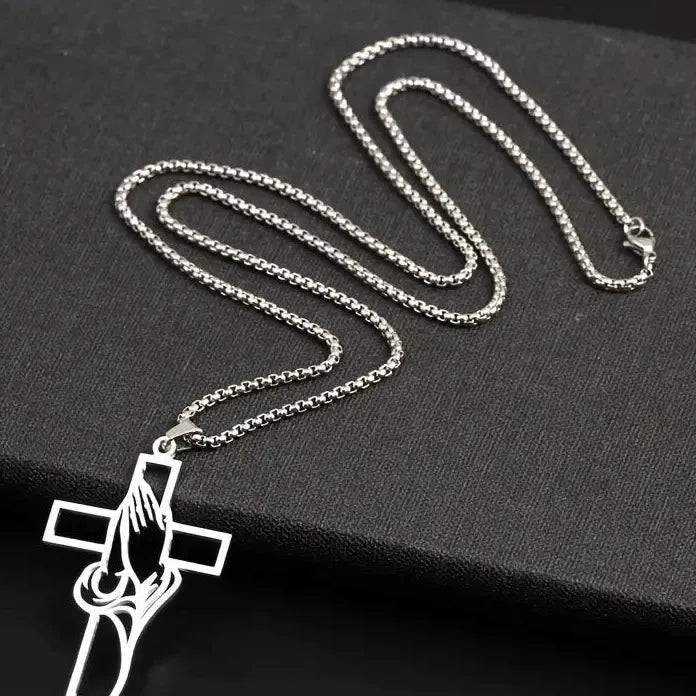 Stainless Steel Cross Pendant Necklace Men Hiphop Punk Pray Hands Gift