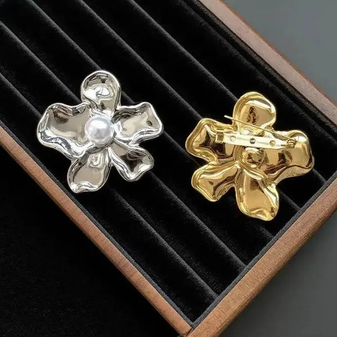 Elegant Stainless Steel Pearl Flower Brooch Plant Pin Jewelry for Women