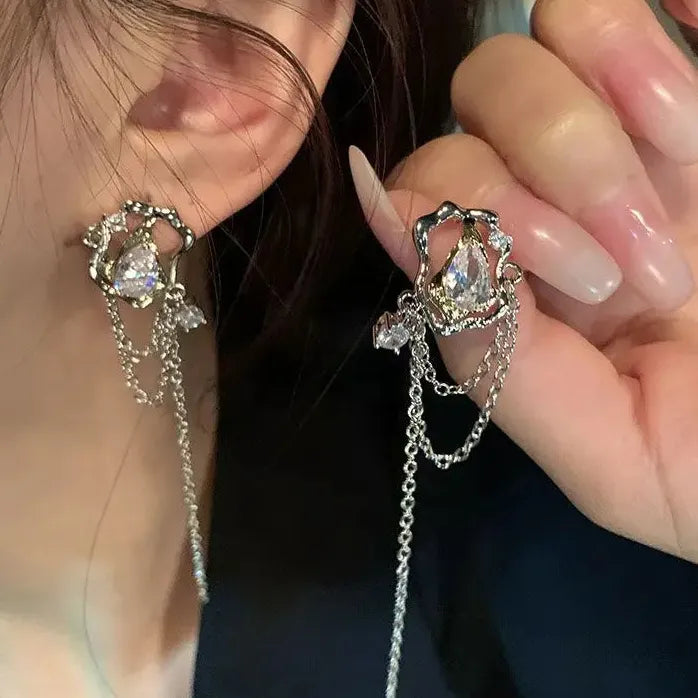 Zircon Opal Moon Tassel Drop Earrings for Women Elegant Jewelry