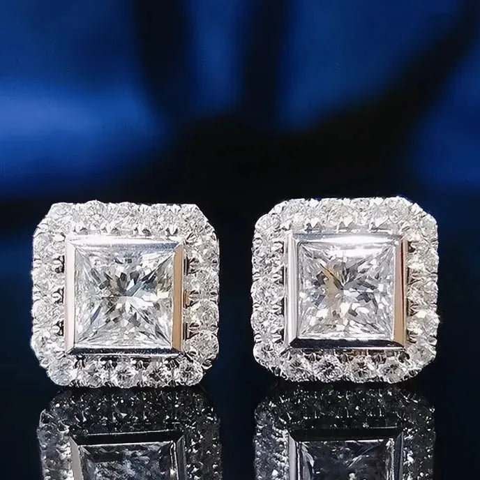 Cubic Zirconia Geometric Square Stud Earrings for Women Bridal Wedding Jewelry Copper Alloy