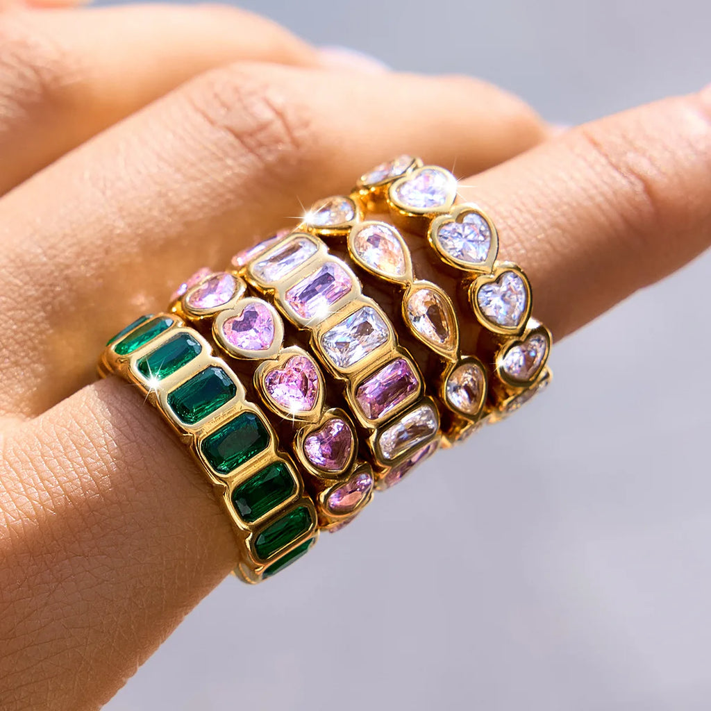 18K Gold Plated Stainless Steel Green Zircon Water Drop Ring for Women