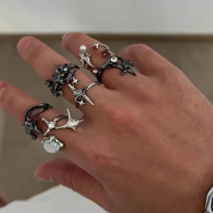 6Pcs Adjustable Metal Pentagram Star Rings Set Hip-Hop Punk Men Jewelry