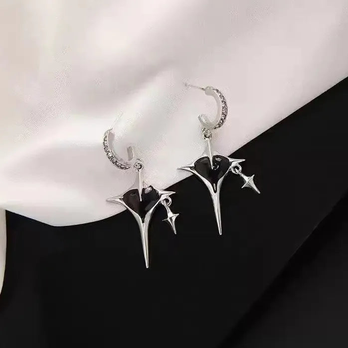 Star Cross Drop Earrings Black Zircon Heart Jewelry for Women Girls