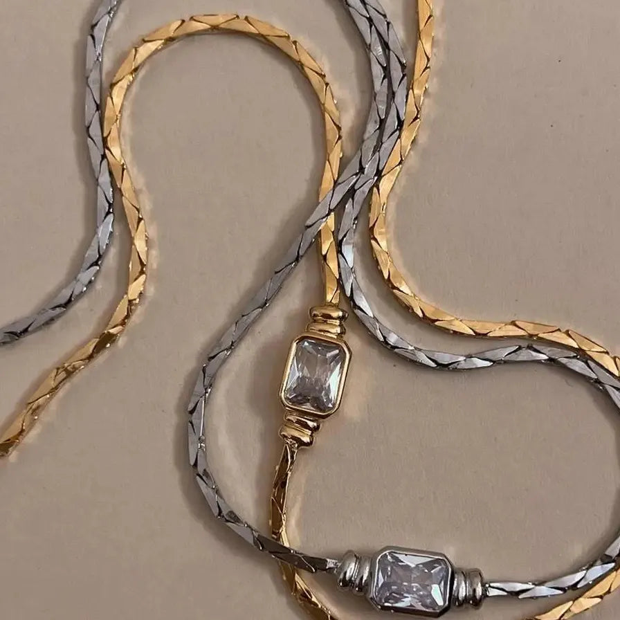 18K Gold Plated Crystal Zircon Geometric Snake Chain Choker Necklace for Women