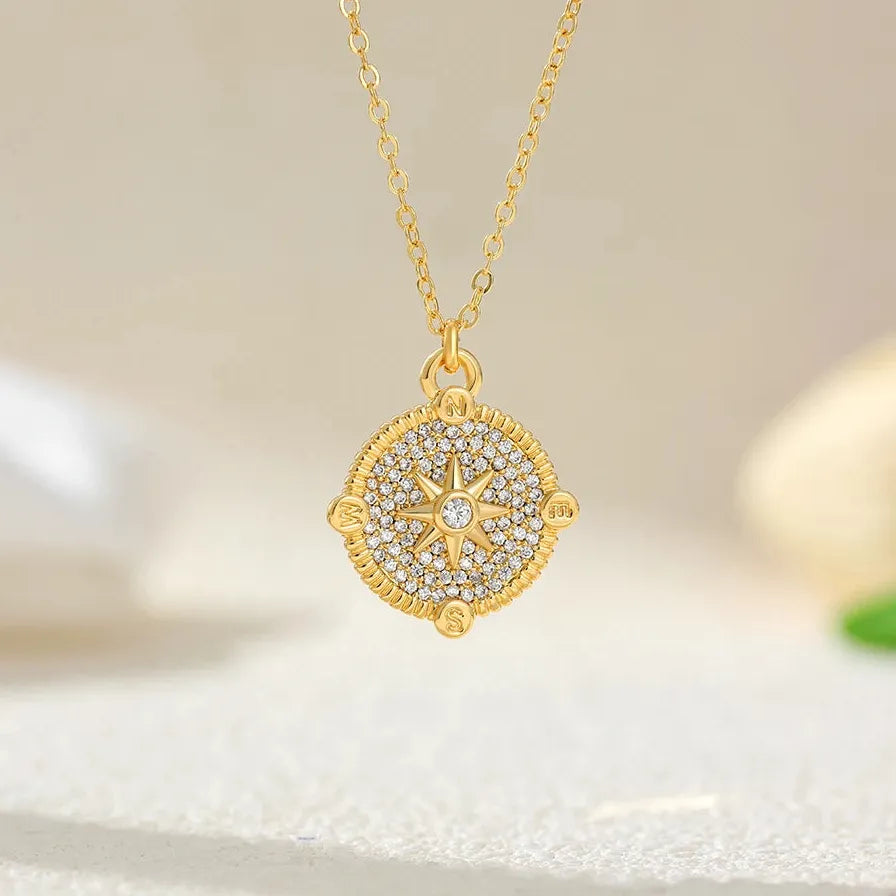 Personality Thick Star Circle Pendant Necklace Stainless Steel CZ Jewelry Gift