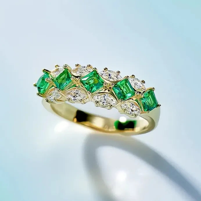 Luxury Gold Green Cubic Zirconia Geometric Wedding Ring for Women Jewelry