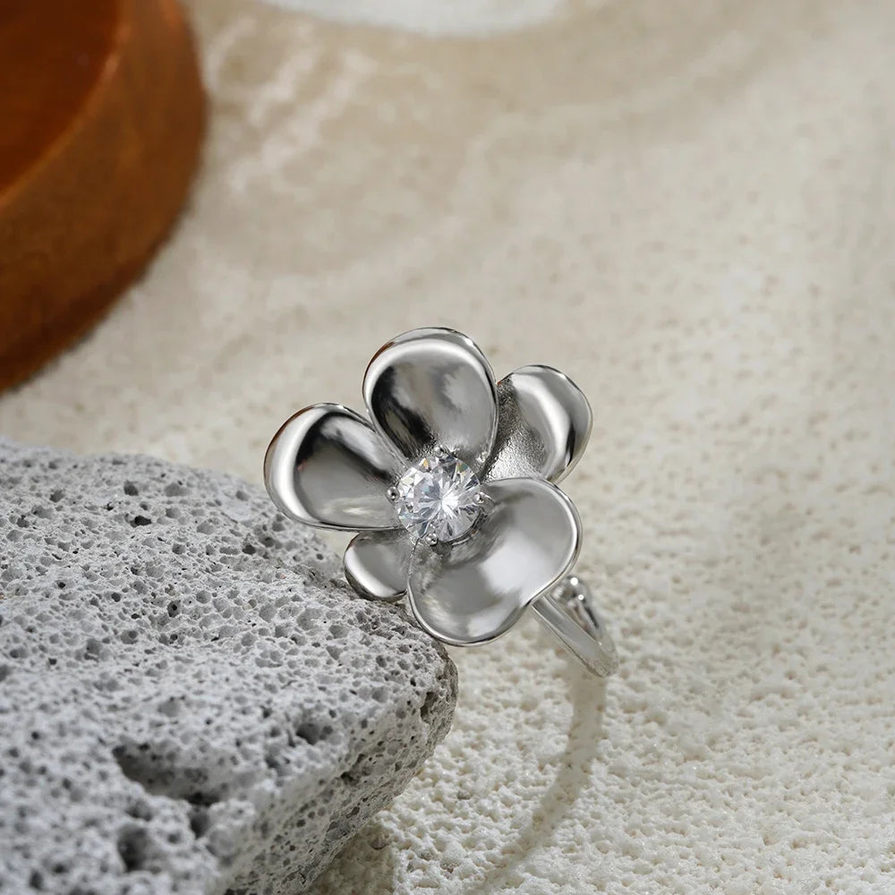 18K Gold Plated Stainless Steel Flower Zircon Petal Ring for Women Wedding Jewelry