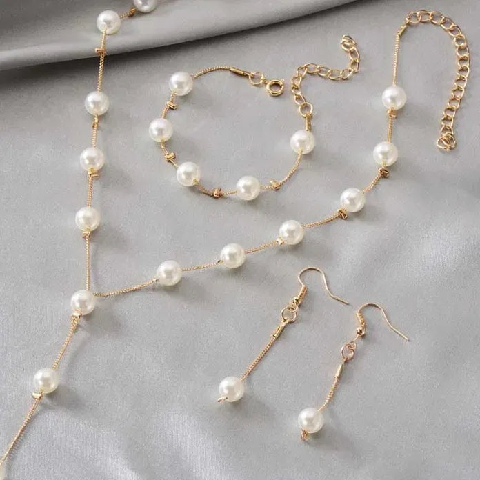 3Pcs Korean Gold Pearl Choker Necklace Earrings Set Fashion Jewelry