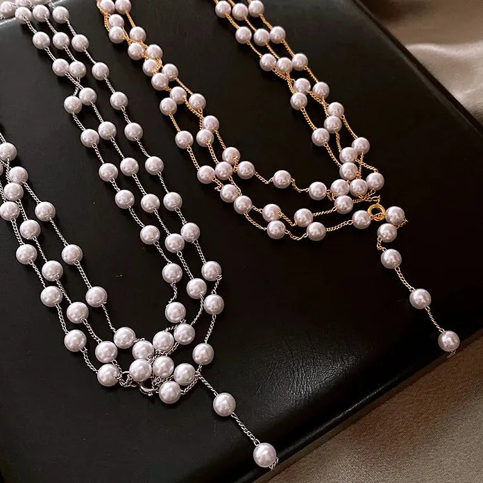 Long Tassel Pearl Necklace with Geometric Circle Pendant for Women