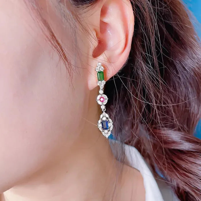 Geometric Green CZ Dangle Earrings for Women Copper Drop Wedding Jewelry