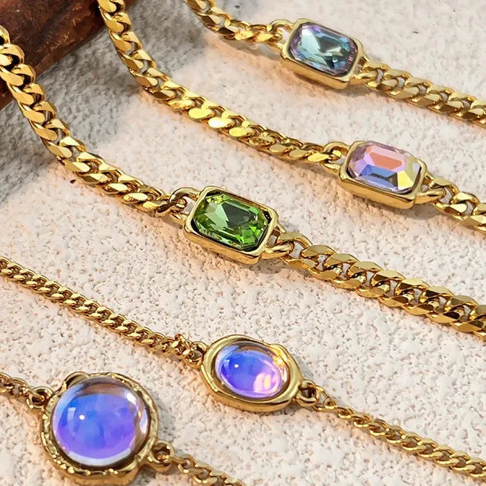 Punk Green Square CZ Zircon Thick Chain Bracelet Women Stainless Steel Durable Waterproof