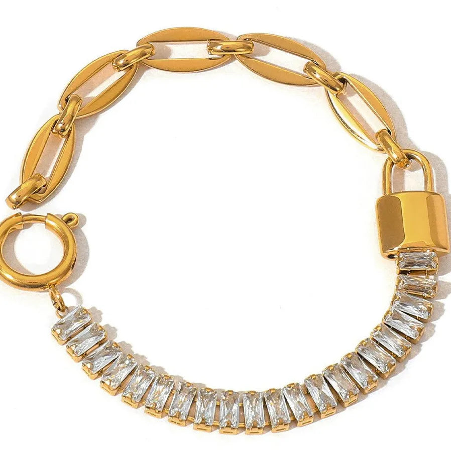 18K Gold Plated Stainless Steel Flat Snake Chain CZ Bracelet for Women Stylish