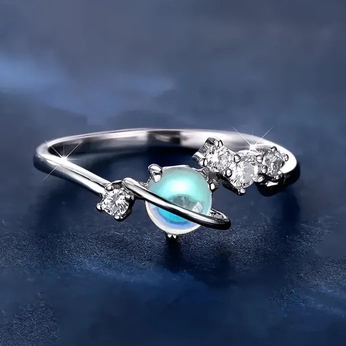 Romantic Planet Brass Wedding Band with Imitation Moonstone & CZ Ring
