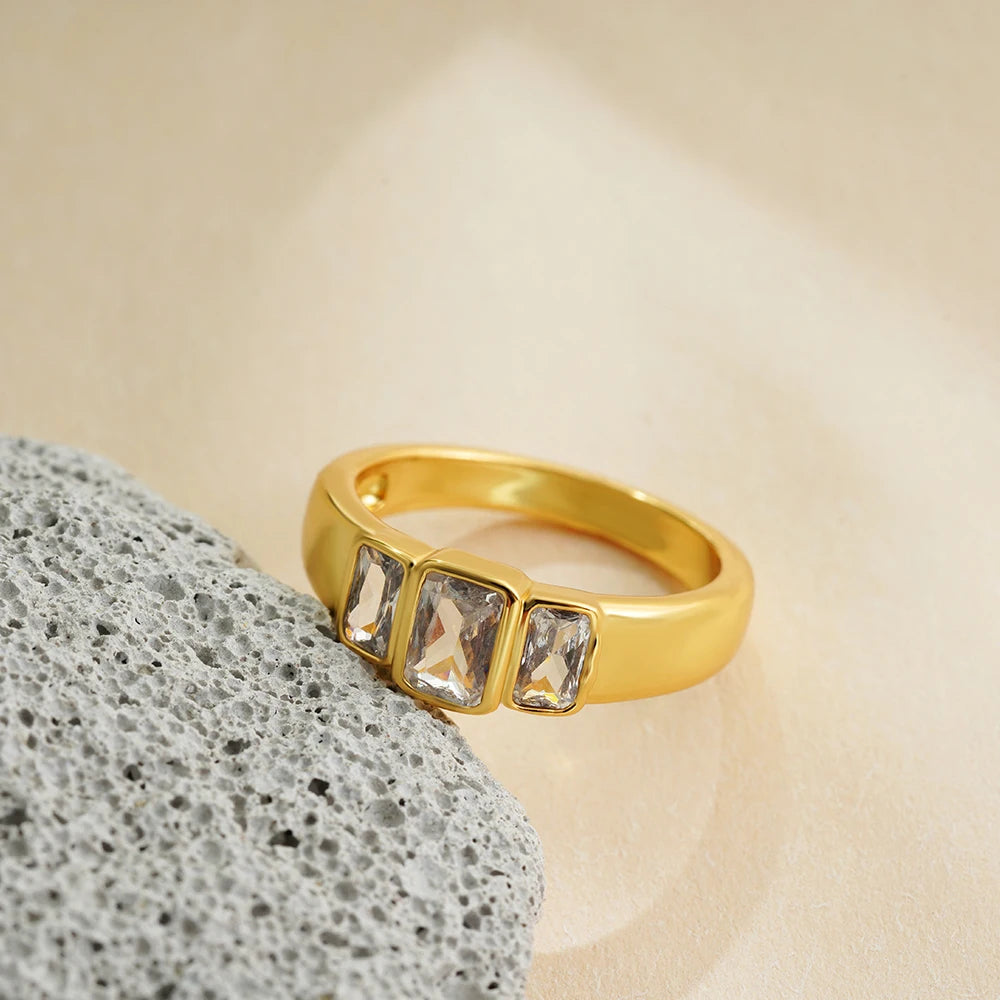 18K Gold Plated Stainless Steel Square CZ Ring Waterproof Wedding Jewelry