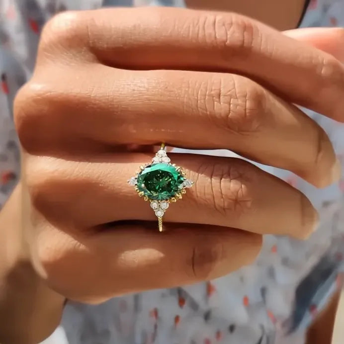 Gold Brass Ring with Green Cubic Zirconia for Women Wedding Party Jewelry