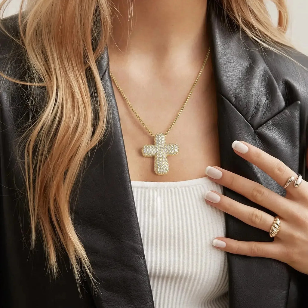 18K Gold Plated Zircon Thick Cross Pendant Necklace Stainless Steel Chain Jewelry