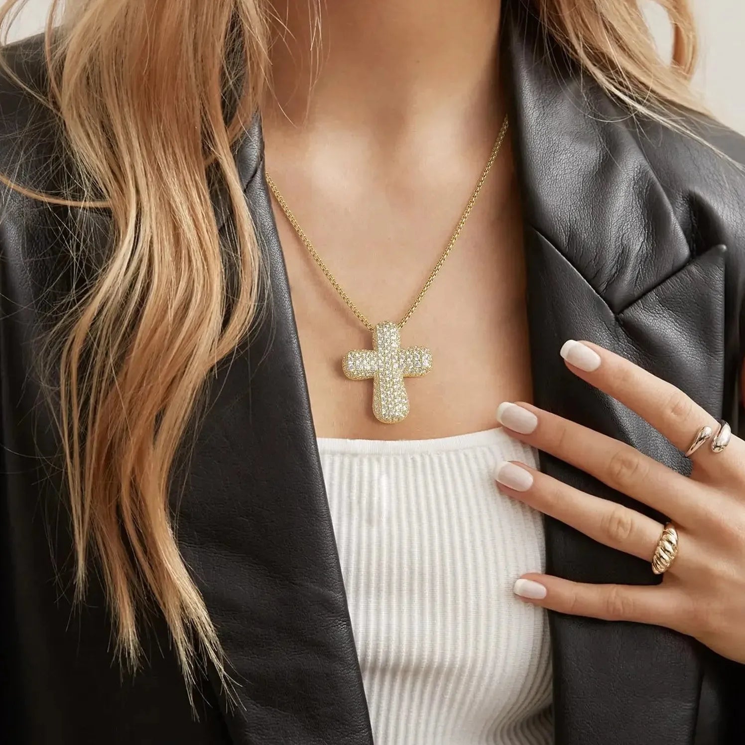 18K Gold Plated Zircon Thick Cross Pendant Necklace Stainless Steel Chain Jewelry