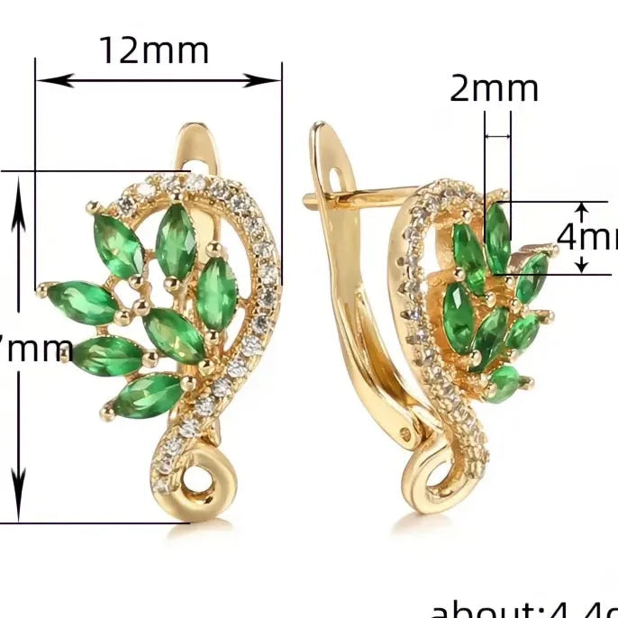Women Copper Alloy Hoop Earrings with Leaf Design and Green Cubic Zirconia