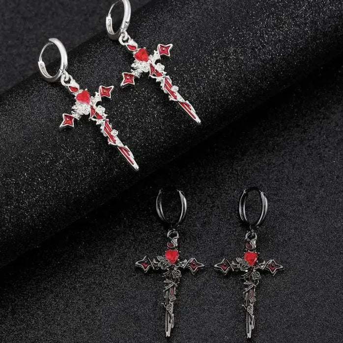 Cross Crystal Hoop Earrings Punk Thorn Rose Dripping Oil Cross Jewelry for Women Men