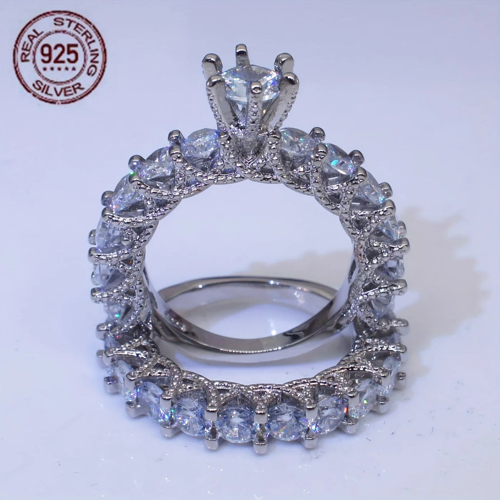2PCS 925 Sterling Silver AAAAA Zircon Wedding Ring Set Women Engagement