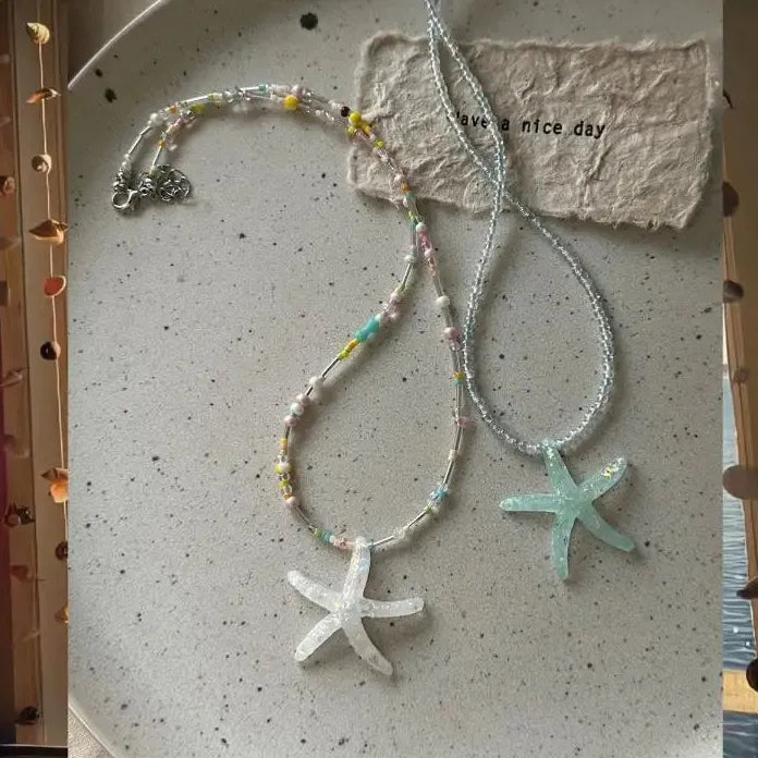 Y2K Blue Acrylic Starfish Pendant Necklace for Women Colorful Bead Choker