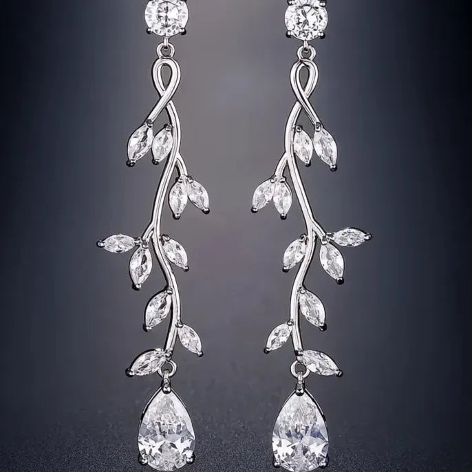 Geometric Copper Alloy Long Dangle Earrings with Cubic Zirconia for Women
