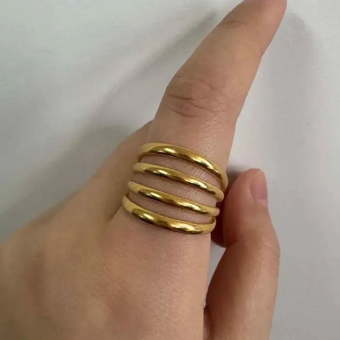 Adjustable Stainless Steel Leaf Wave Line Ring for Women Vintage Gold Jewelry