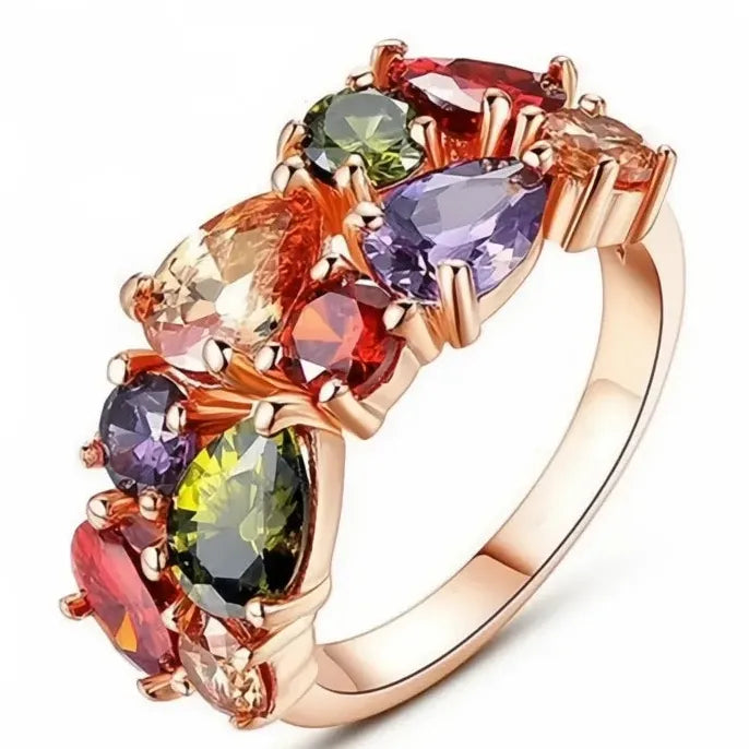 Rose Gold Brass Wedding Ring with Geometric Colorful Cubic Zirconia Design