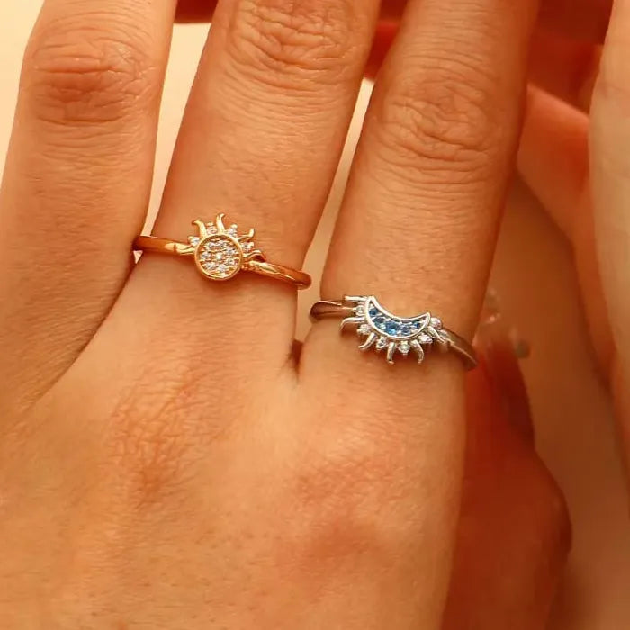 2Pcs Women’s Moon Sun Star Crystal Rings Copper Wedding Jewelry Gift Set