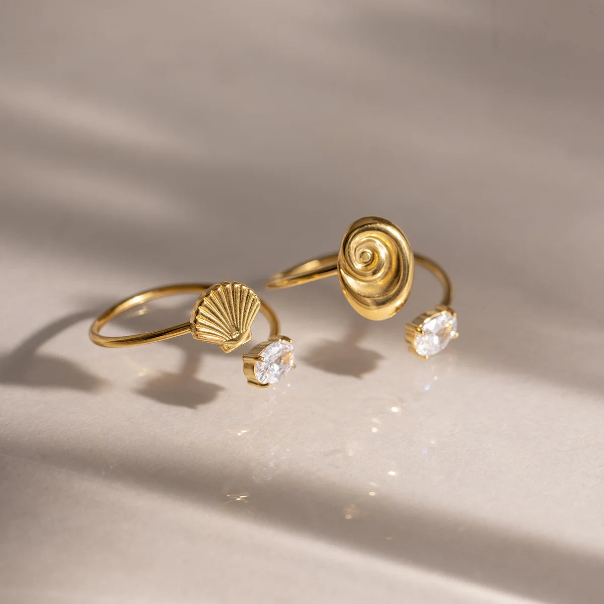 18K Gold Plated Stainless Steel Seashell Scallop Ring Adjustable Zircon Wedding Jewelry