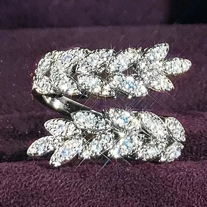 Adjustable Brass Wedding Ring with CZ Leaf Design for Women