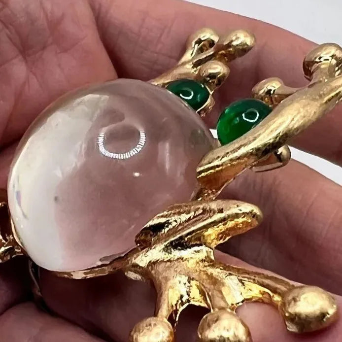 Green Lucite Frog Brooch Pin with Imitation Pearl Retro Toad for Women