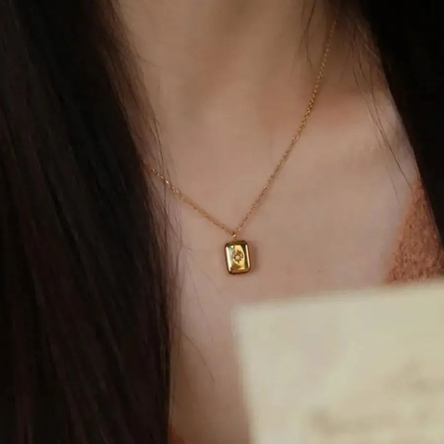 Minimalist Geometric Zircon Moon Pendant Necklace Women Stainless Steel Gold Chain