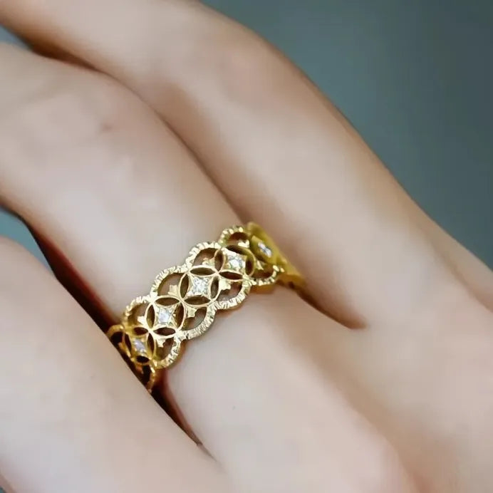 Gold Hollow Out Wedding Band with Cubic Zirconia for Women Jewelry