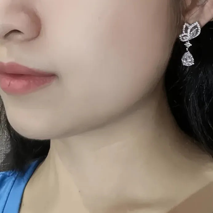 Geometric Flower Drop Earrings with Sparkling Cubic Zirconia for Women