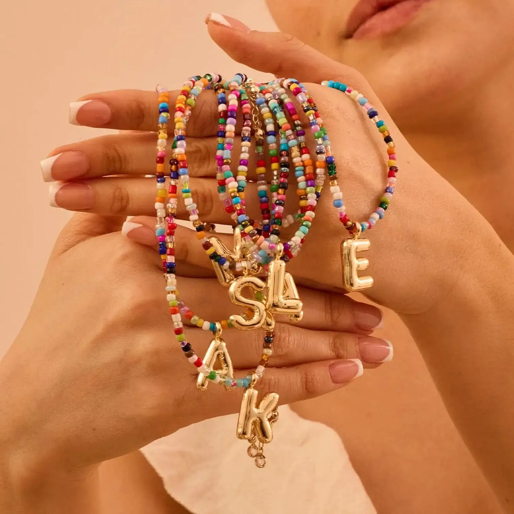 18k Gold Plated A-Z Balloon Letter Pendant Beads Choker Necklace Gift Trendy