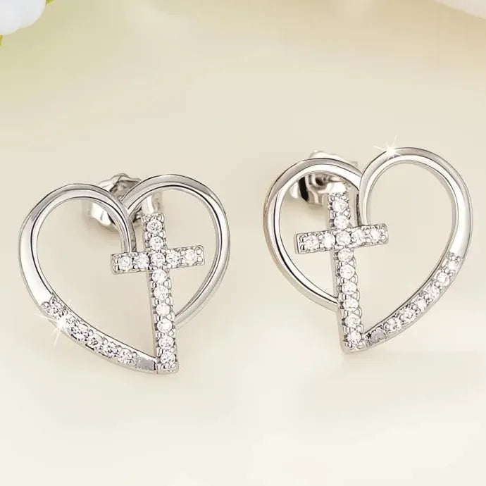 Heart Cross Cubic Zirconia Stud Earrings Copper Alloy Religious Jewelry Gift