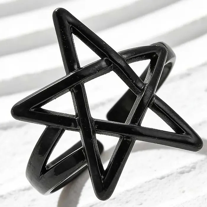 Adjustable Black Pentagram Star Ring Stainless Steel Fashion Jewelry Gift