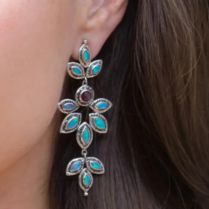Bohemian Long Drop Earrings Colored Gemstones Vintage Ethnic Style Gift