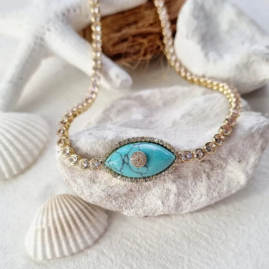 18K Gold Plated Turkey Rhinestone Evil Eye Opal Turquoise Zircon Choker Necklace