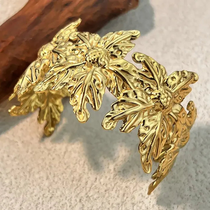 Retro Gold Stainless Steel Wide Cuff Bracelet for Women Daisy Lily Ginkgo Leaf