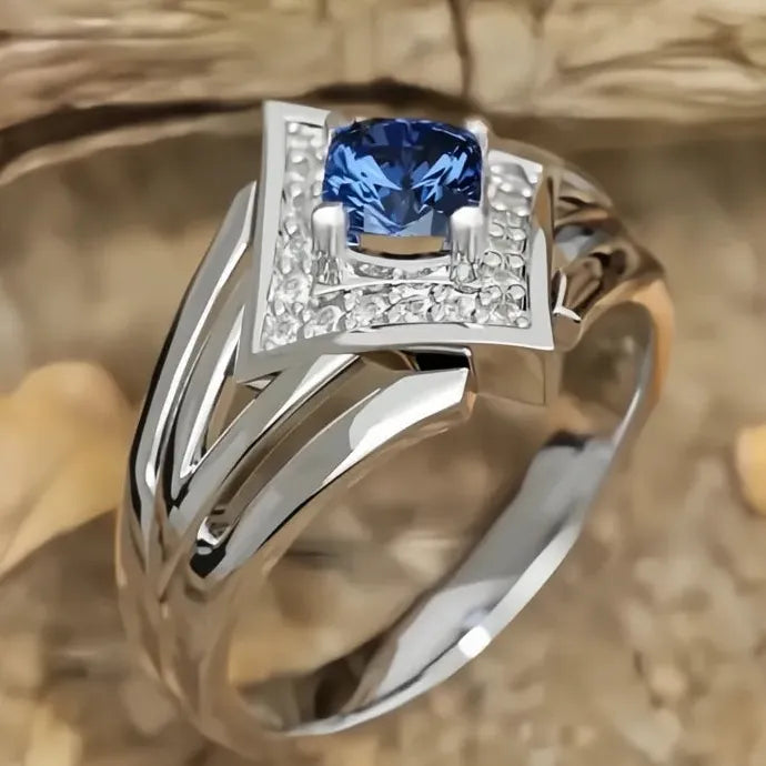 Women’s Silver Geometric Ring with Blue Cubic Zirconia Wedding Band Jewelry