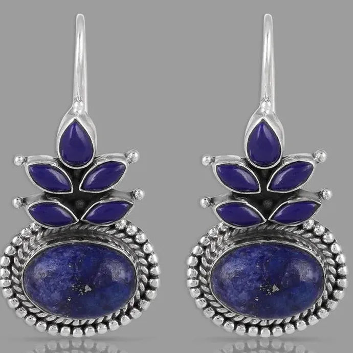Vintage Ethnic Round Lapis Lazuli Drop Earrings Silver Metal Carving Blue Stone