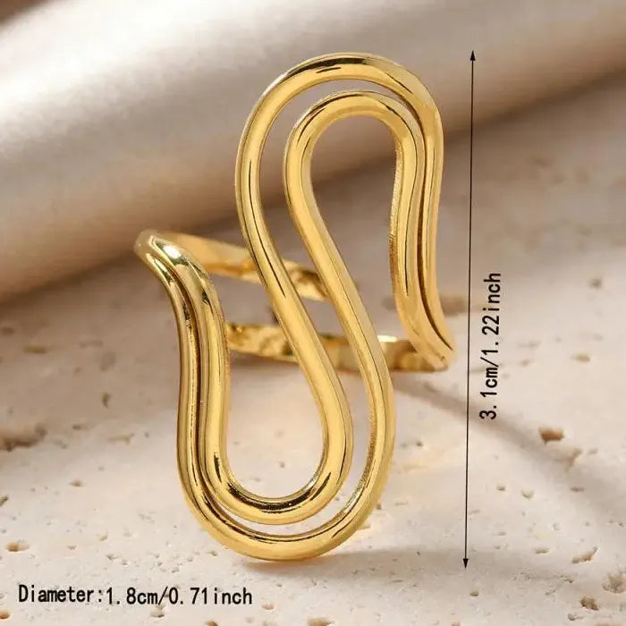 18K Gold Color Stainless Steel Double S-Shaped Waterproof Cocktail Ring for Women Men