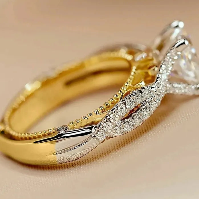 Two-tone Geometric CZ Brass Wedding Band Ring for Women