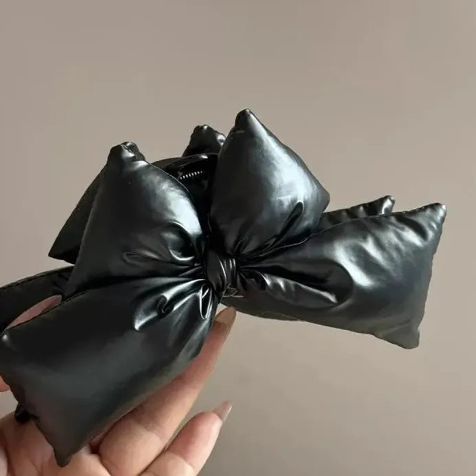 Large Black PU Leather Bow Claw Clip No-Slip Hair Accessory for Thick Hair