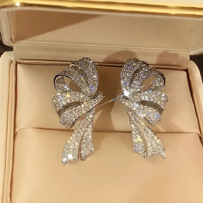 Trendy Bow Drop Earrings Silver Gold CZ Ribbon Jewelry for Women