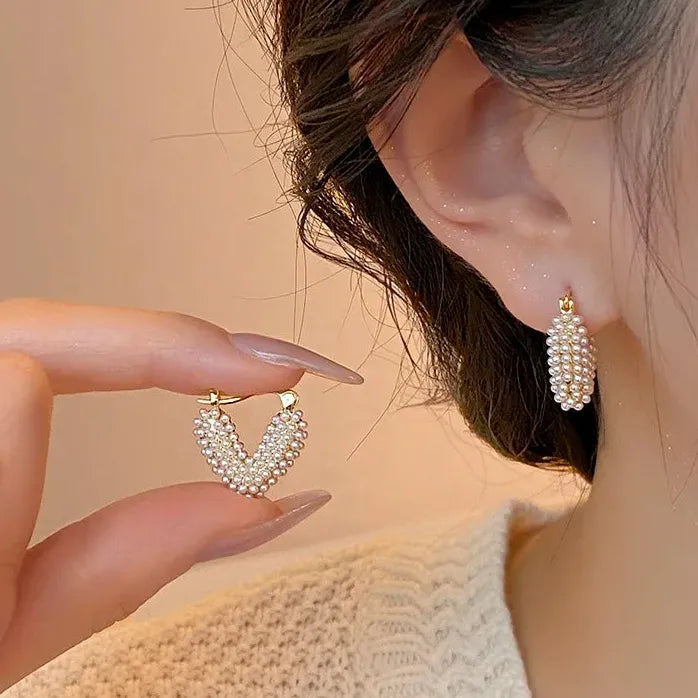 Pearl Heart Shaped Hoop Earrings Copper Alloy Elegant Jewelry for Women 2024