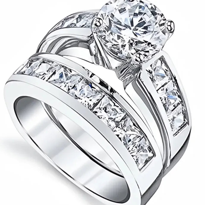 2Pcs Round & Princess Cubic Zirconia Bridal Rings Set Women Wedding Jewelry Brass
